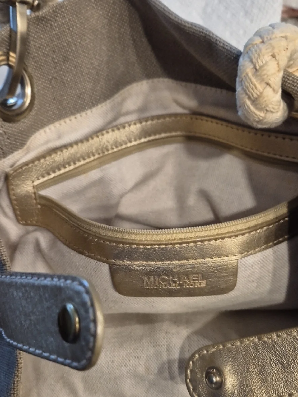 Michael Kors Beige-Tan Rope Handle Shoulder Bag With Gold Leather Trim